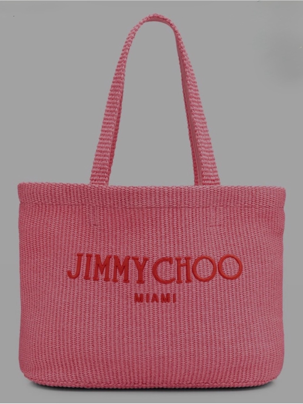 Jimmy Choo Logo Miami Beach Tote Bag in Bubble Gum Pink Raffia.